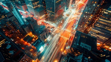 Obraz premium Aerial view of city traffic with light trails at night