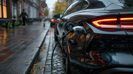 Electric car charging on city street reflecting autumn colors