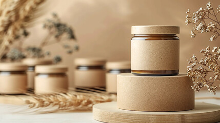 Naklejka premium wide advertising packaging mockup, sustainable product package label mockup background, image with blank brown color label for glass jar and lid covered with paper