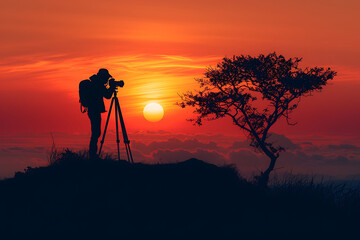 Silhouette of photographer taking landscape photos.