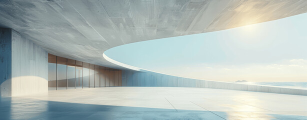 Fototapeta premium Modern Minimalist Concrete Open Space with Curved Walls and Entrance in Bright Daylight