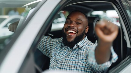 Happy man sits in new car in shop dealership and celebrate purchase of new vehicle. The man with keys shows emotions of happiness while driving in her new car.