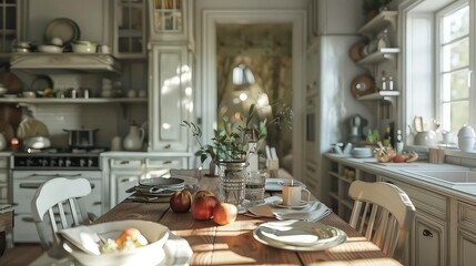 Kitchen interior details. Cozy farmhouse style kitchen interior with wooden table and white classic furniture.