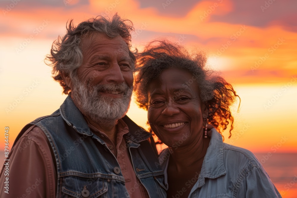 Wall mural Portrait of a smiling multicultural couple in their 60s wearing a rugged jean vest over vibrant sunset horizon