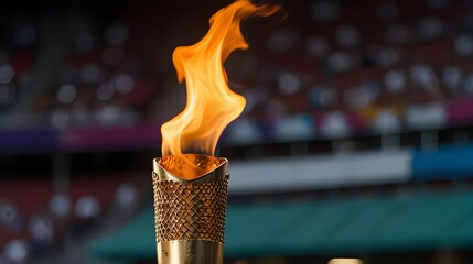 Close-Up of Flame Burns in Olympic Torch Against Blurred Sports Arena,Olympic tradition, flame photography, sports photography, event symbolism, sportsmanship