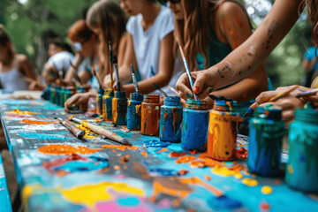 Obraz premium Young people paint and draw outdoors at summer camp with paintbrushes and colorful paints
