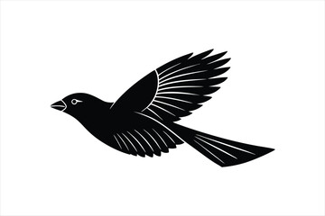 a minimalist beautiful linocut flying Grosbeak bird silhouette black vector artwork illustration