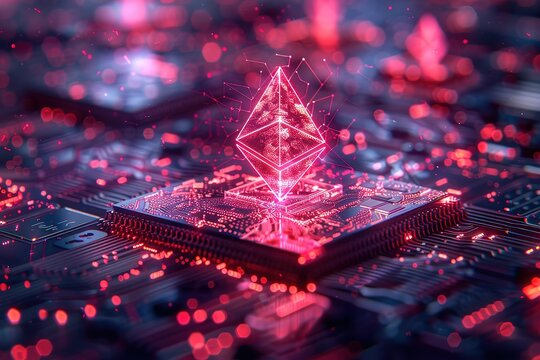 A computer chip with a red and blue design on it