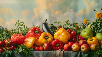 Harvest Symphony: Fruits, Vegetables, and Blue Cloth