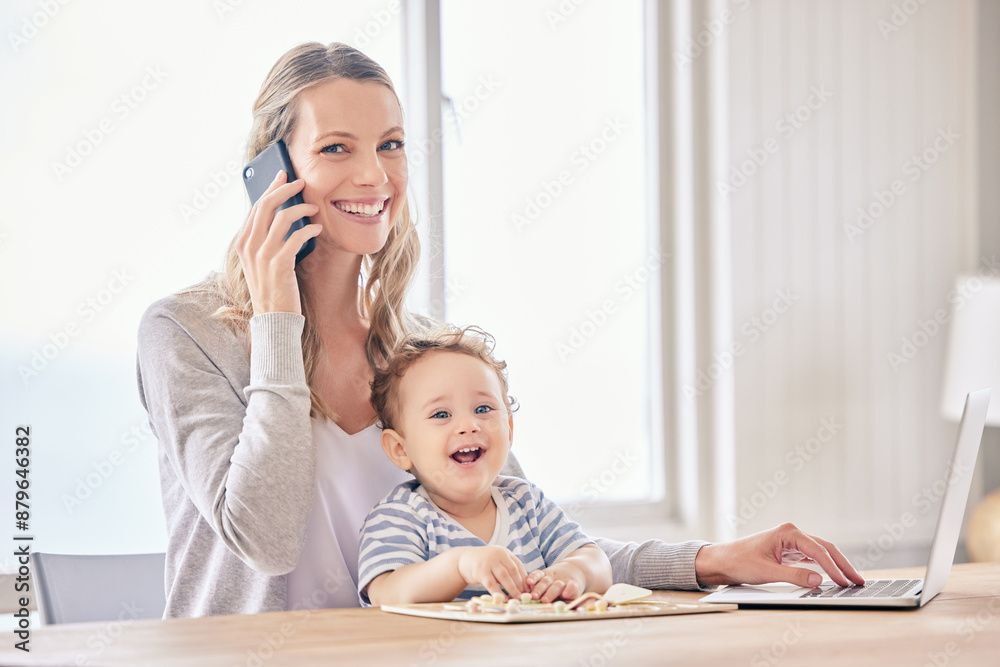 Poster Phone call, remote work and mama with baby, laptop and happiness with conversation, smile and project. Freelancer, home and mom with infant, computer and communication with portrait and multitasking