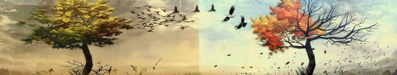 Abstract Four Seasons Changing Wallpaper: Green Plants, Lotus Leaves, and Natural Landscapes in Spring, Summer, and Autumn with Flat Children's Storybook Illustration Style, Perfect for Mobile and Com