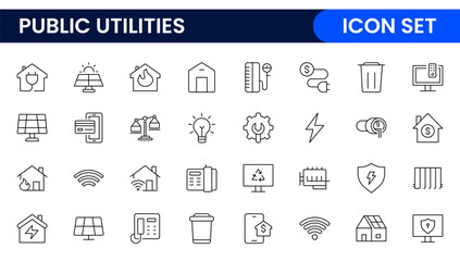 Public utilities linear signed icon collection. Signed thin line icons collection. Set of public utilities simple outline icons.