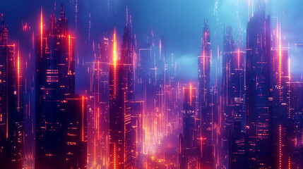 Fototapeta premium Futuristic cityscape glowing with neon lights and digital skyscrapers