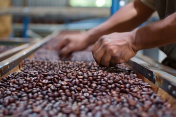 Close up of factory worker sorting freshly roasted coffee beans on production line