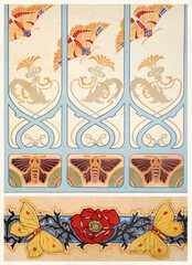 Vibrant floral design in Art Nouveau style. Textured watercolor on a rustic beige background.