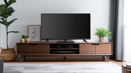 Tv on modern media stand with a minimalist design and rustic finish