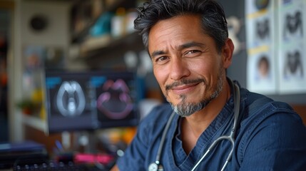 Fototapeta premium Portrait of a friendly doctor in a modern medical office, smiling confidently with a stethoscope around their neck and medical imaging displayed on screens in the background.