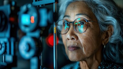 Obraz premium An older woman with glasses attentively undergoing an eye examination test, focused on modern diagnostic equipment, showing the importance of eye health and care.
