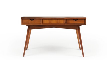 Fototapeta premium A sleek writing desk with a retro design and clean lines, set against a white backdrop