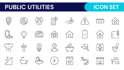 Public utilities linear signed icon collection. Signed thin line icons collection. Set of public utilities simple outline icons.
