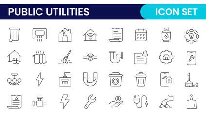 Public utilities linear signed icon collection. Signed thin line icons collection. Set of public utilities simple outline icons.