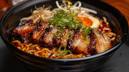 Japanese ramen with grilled pork belly, soft-boiled egg, bean sprouts, and green onions in black bowl