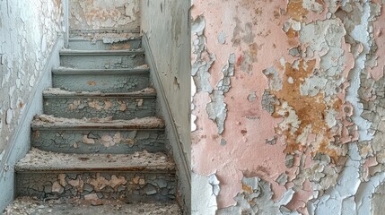 An old, neglected staircase with peeling paint on both the stairs and the surrounding walls, showcasing layers of underlying material, creating an aged, rustic appearance.