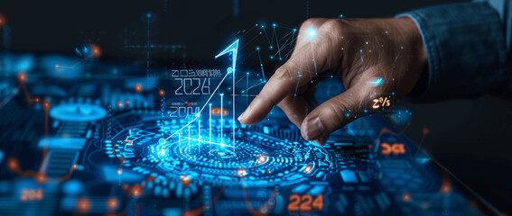 Fototapeta premium Businessman Visualizing 2024 Business Growth and Strategy with Digital Marketing and Financial Analysis