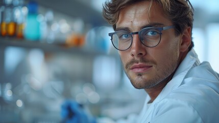 Fototapeta premium A scientist wearing a lab coat and circular glasses is concentrating on experiments in a brightly lit laboratory with various chemical samples and equipment around.