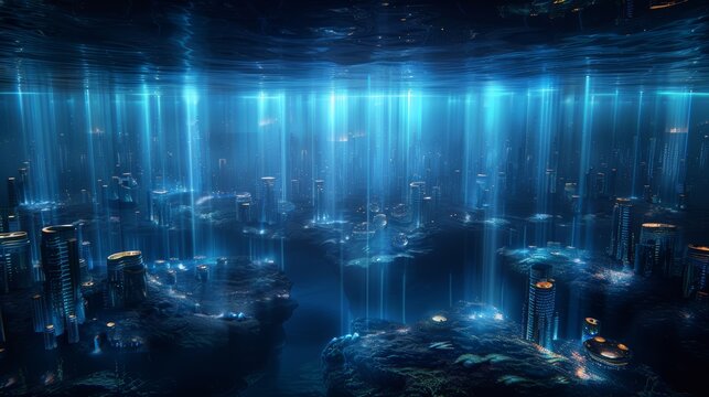 Spectacular underwater cityscape with illuminating blue light beams, depicting a futuristic or sci-fi scenery submerged in the ocean depths.