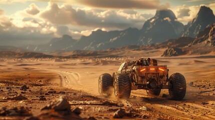 A Mars rover is navigating through a rocky, desert-like terrain under a dramatic sunset sky, symbolizing exploration, discovery, and the advancements in space travel technology.
