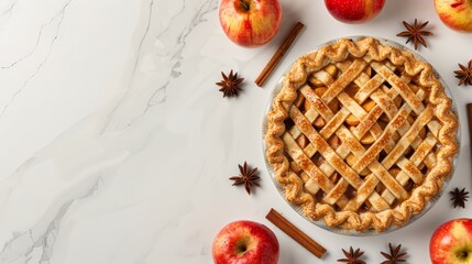 Top view of homemade apple pie with lattice crust, surrounded by fresh apples and spices on a marble background.