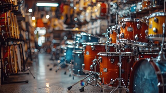 An array of vibrant drum sets in varying colors is neatly displayed in a musical instrument store, showcasing the diversity, passion for music, and the joy of creativity.