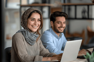 Happy Businessman and Businesswoman Collaborating on Laptop in Office, Middle Aged Female Executive with Male Colleague Discussing Digital Marketing Project