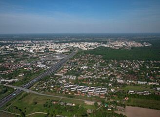 Obraz premium View of the city from the window of an airplane taking off