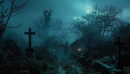Recreation of a lugubrious cemetery at fog night	