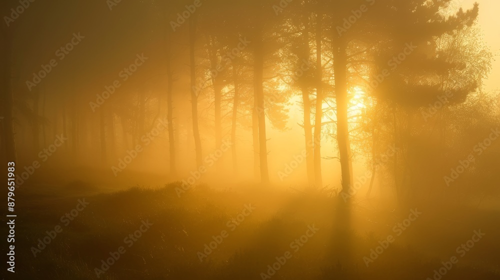 Aufkleber sunrise in a misty woodland, soft light and fog creating a dreamy effect, quiet and calm