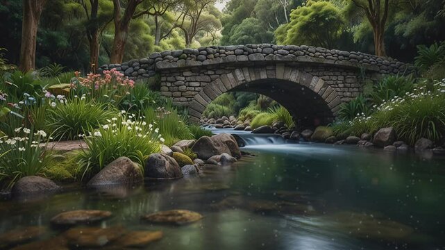 A stone bridge with a small river flowing beneath it. There is foliage on both sides of the river, and in the background there are large trees.