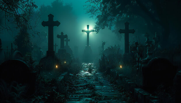 Recreation of a lugubrious cemetery at night