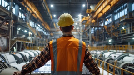 Obraz premium Technician in a paper mill controlling machinery via a central panel