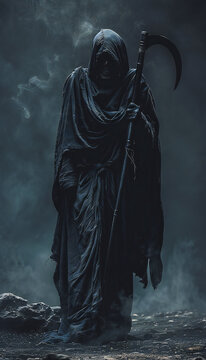 Vertical recreation of Grim Reaper with a big scythe and robe	

