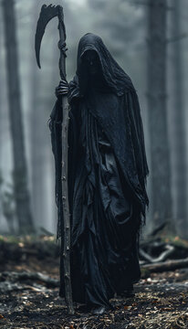 Vertical recreation of Grim Reaper with a big scythe and robe	