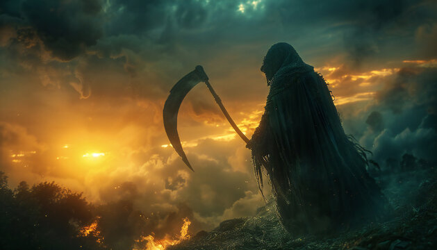 Fictional recreation of Grim Reaper with a big scythe and robe walking in a inhospit place