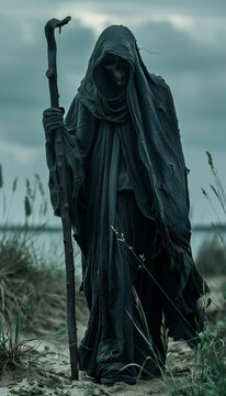 Tenebrist recreation of a Grim Reaper, death with a black robe and mummified black skull