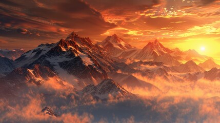 Stunning sunset over snowy peaks with mist clouds, rich golden colors