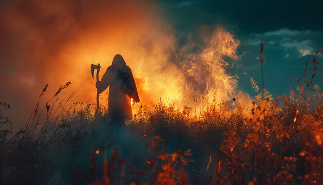 Recreation of Grim Reaper with a big scythe and robe walking in a burning field