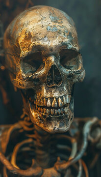 Recreation of a deteriorated human skull with teeth in a skeleton	
