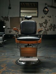 Vintage barber chair in a retro barbershop with grunge background