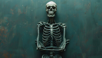 Recreation of a human skeleton standing and crossed arms	