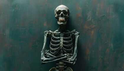 Recreation of a human skeleton in a wall standing, smiling, and crossed arms	